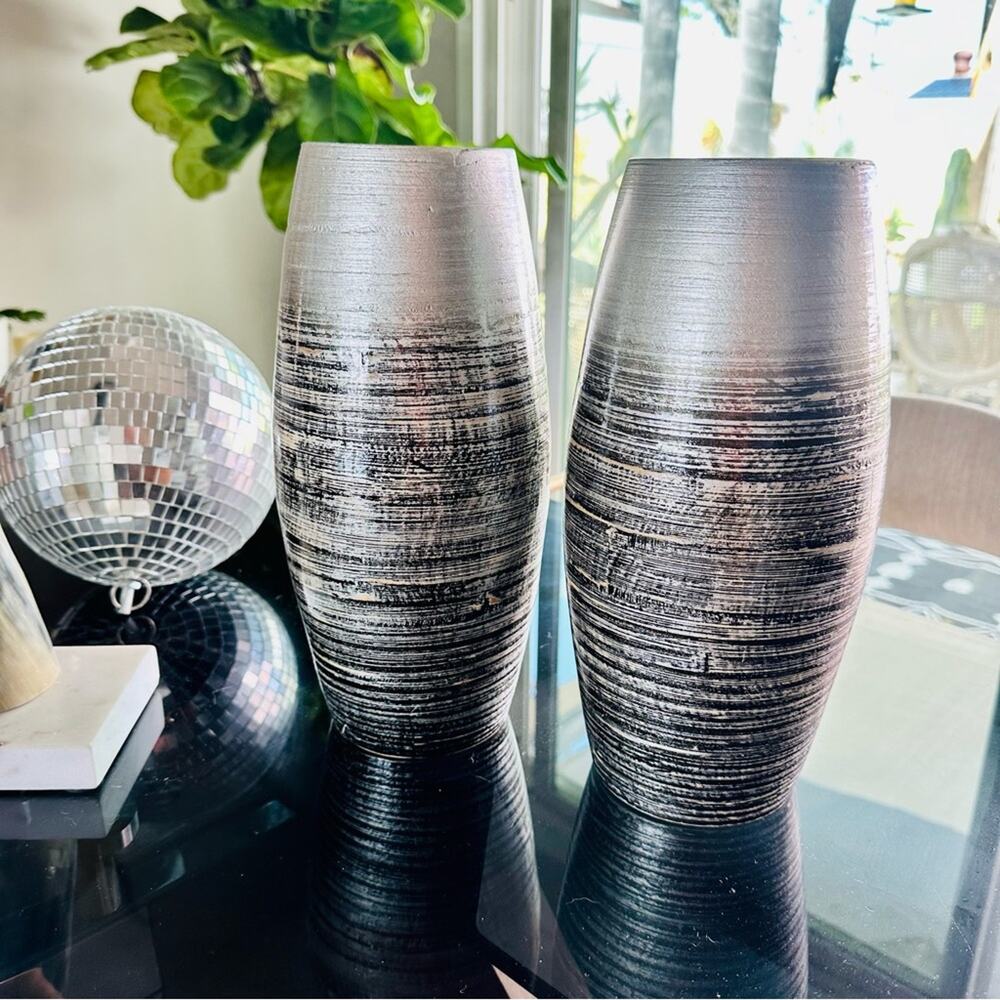 2 Silver Grey Gray Black Floral Flower Tall Vase Kitchen Gadget Storage Display - Picture 9 of 11